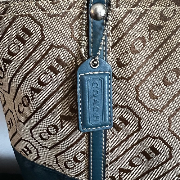 Coach Blue & Tan Signature Tag Blue Shoulder Tote - Picture 3 of 13
